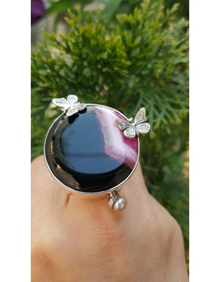 Unique ring entirely handmade in solid Ag925 silver, natural cultured pearl and natural agate crystal, Bijuterii de argint lucrate manual, handmade