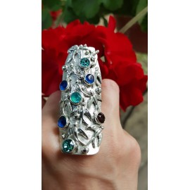 Sterling silver ring with natural crystals Peacocking, Bijuterii de argint lucrate manual, handmade