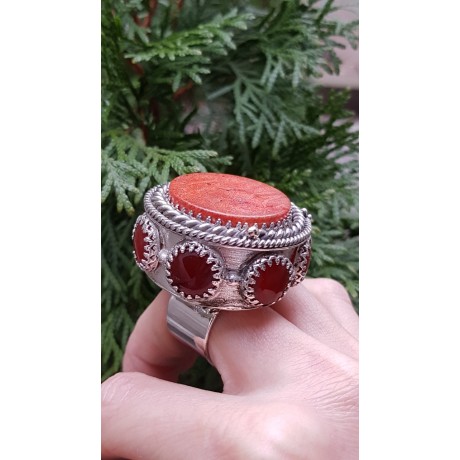 Sterling silver ring and natural coral stone Morfology of Red, Bijuterii de argint lucrate manual, handmade