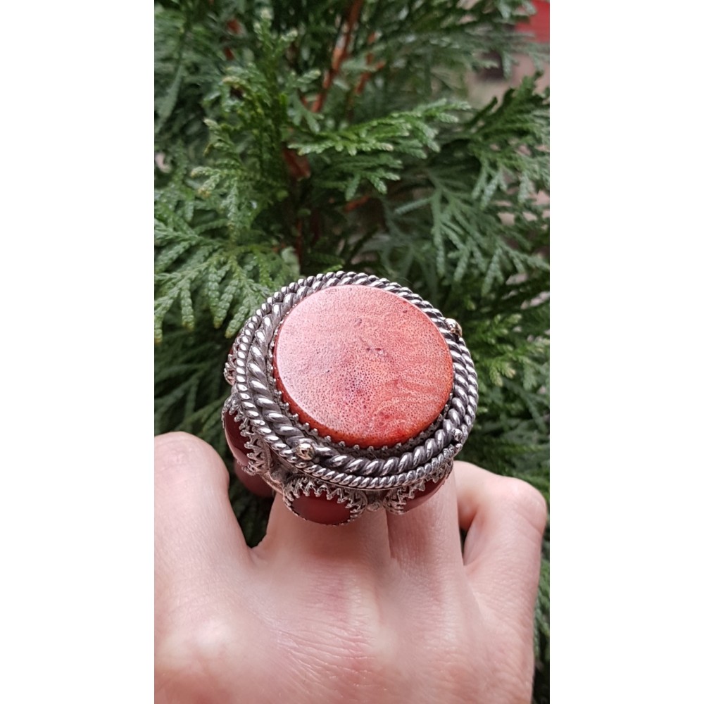 Sterling silver ring and natural coral stone Morfology of Red