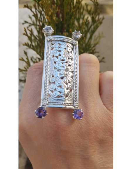 Unique ring entirely handmade in solid Ag925 silver, white topazes and natural amethysts, Bijuterii de argint lucrate manual, handmade