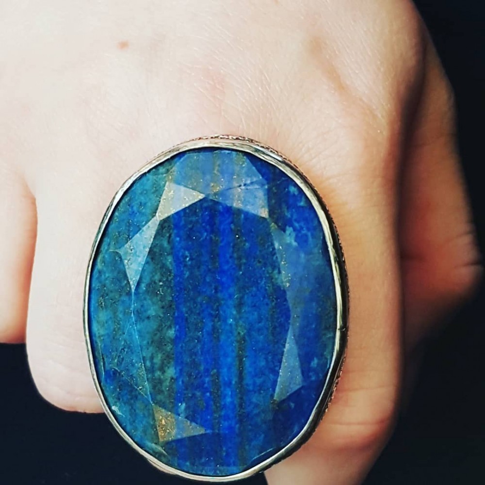 Large Sterling silver ring with natural lapislazuli Blue Honey