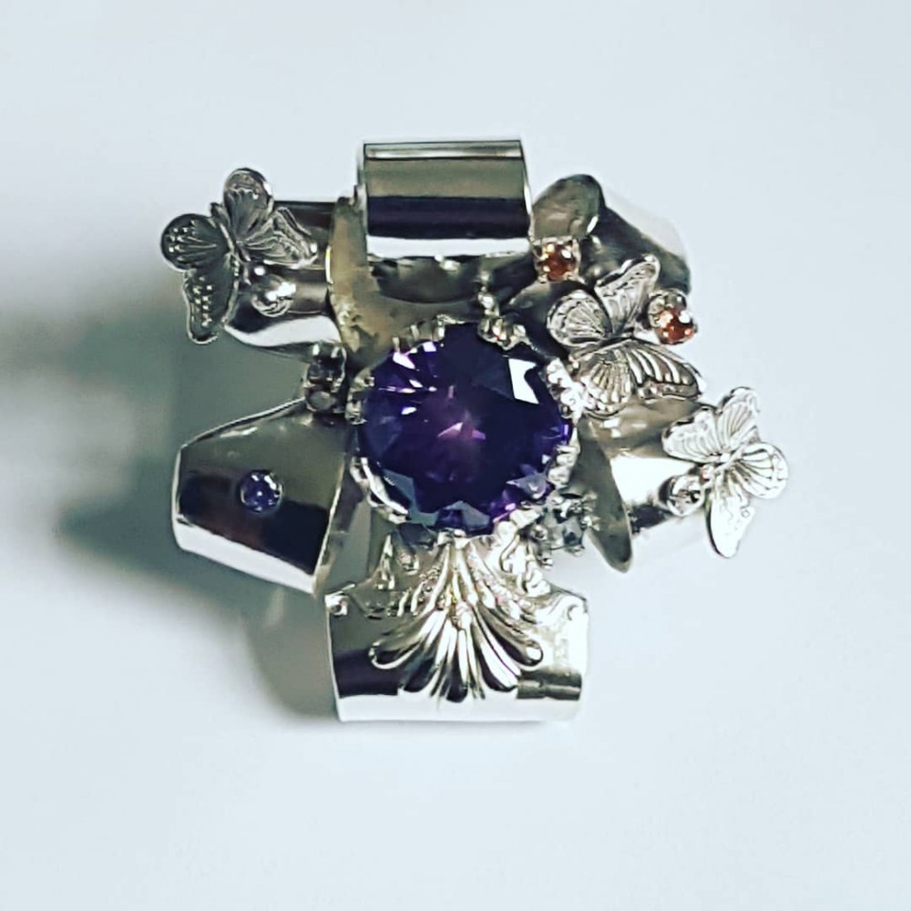 Large Sterling Silver ring,  citrines and amethyst 