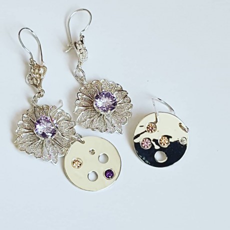 Handmade earrings in Ag925 silver and citrine dalloz, zirconia and amethyst, Bijuterii de argint lucrate manual, handmade