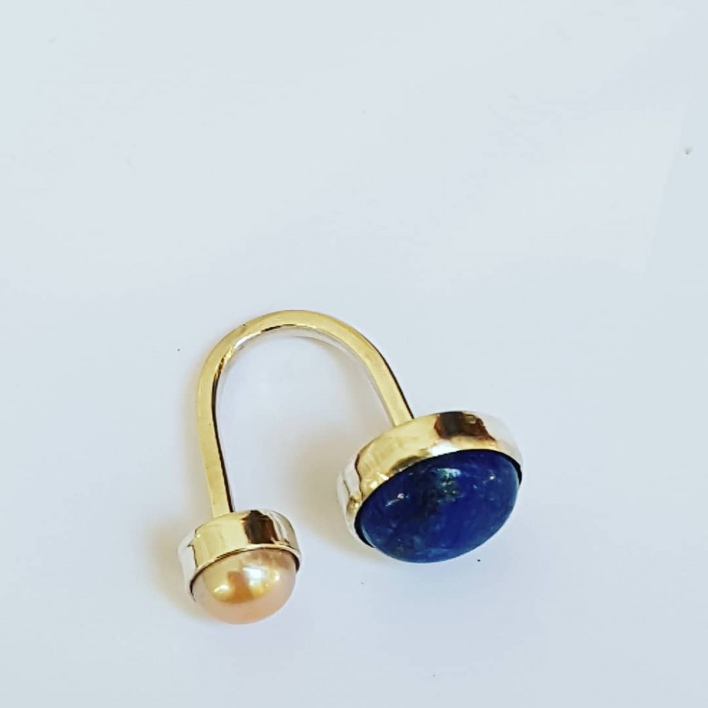 Handmade ring in Ag925 silver, natural lapis lazuli and cultured pearl Twice Rise