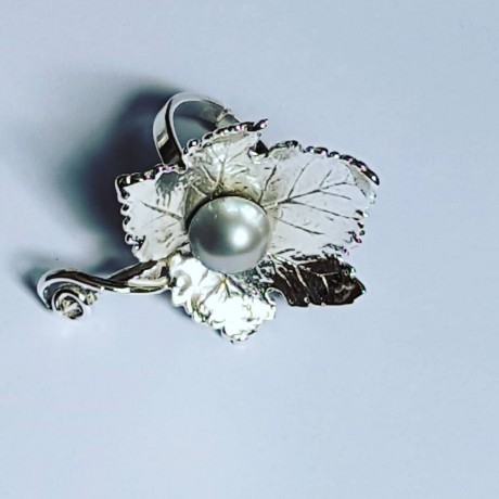 Handmade ring in solid Ag925 silver and cultured pearl Leafy musicality, Bijuterii de argint lucrate manual, handmade