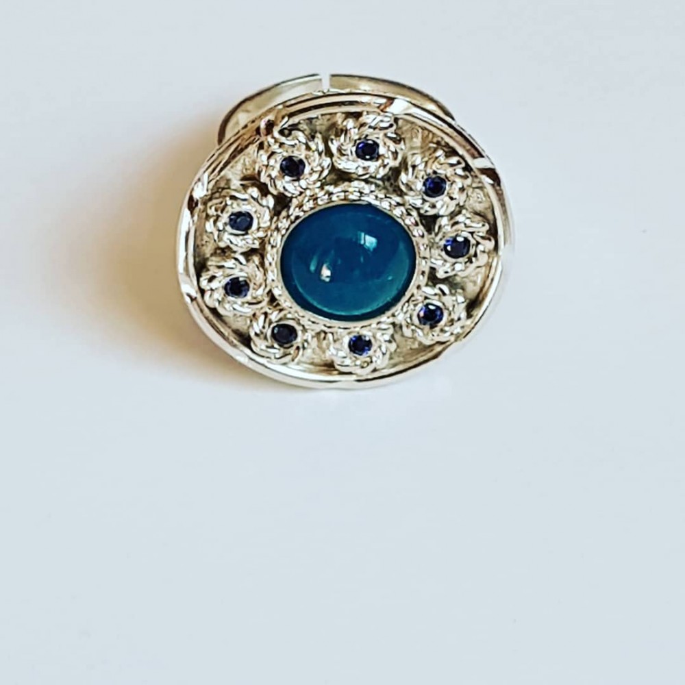 Handmade ring in solid Ag925 silver, natural aquamarine and sapphire dalloz Creamyblues Mandala