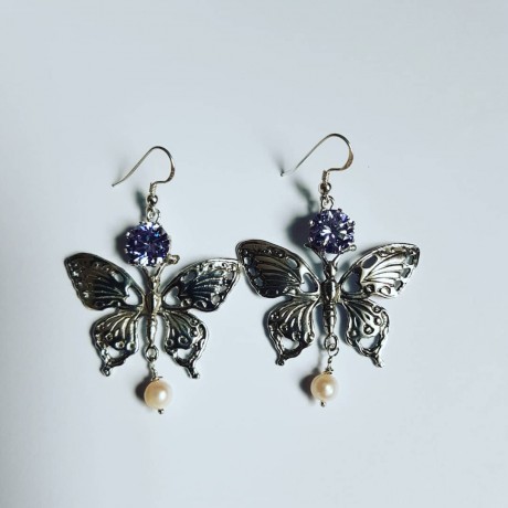 Sterling silver earrings and amethysts Butterflies & Lovelings, Bijuterii de argint lucrate manual, handmade