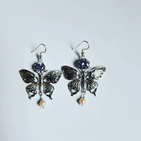 Sterling silver earrings and amethysts Butterflies & Lovelings, Bijuterii de argint lucrate manual, handmade