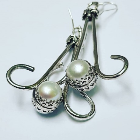 Sterling silver earrings and pearls Double Serving of Pearls, Bijuterii de argint lucrate manual, handmade