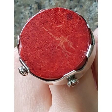 Sterling silver ring with natural coral stone RollingReds, Bijuterii de argint lucrate manual, handmade
