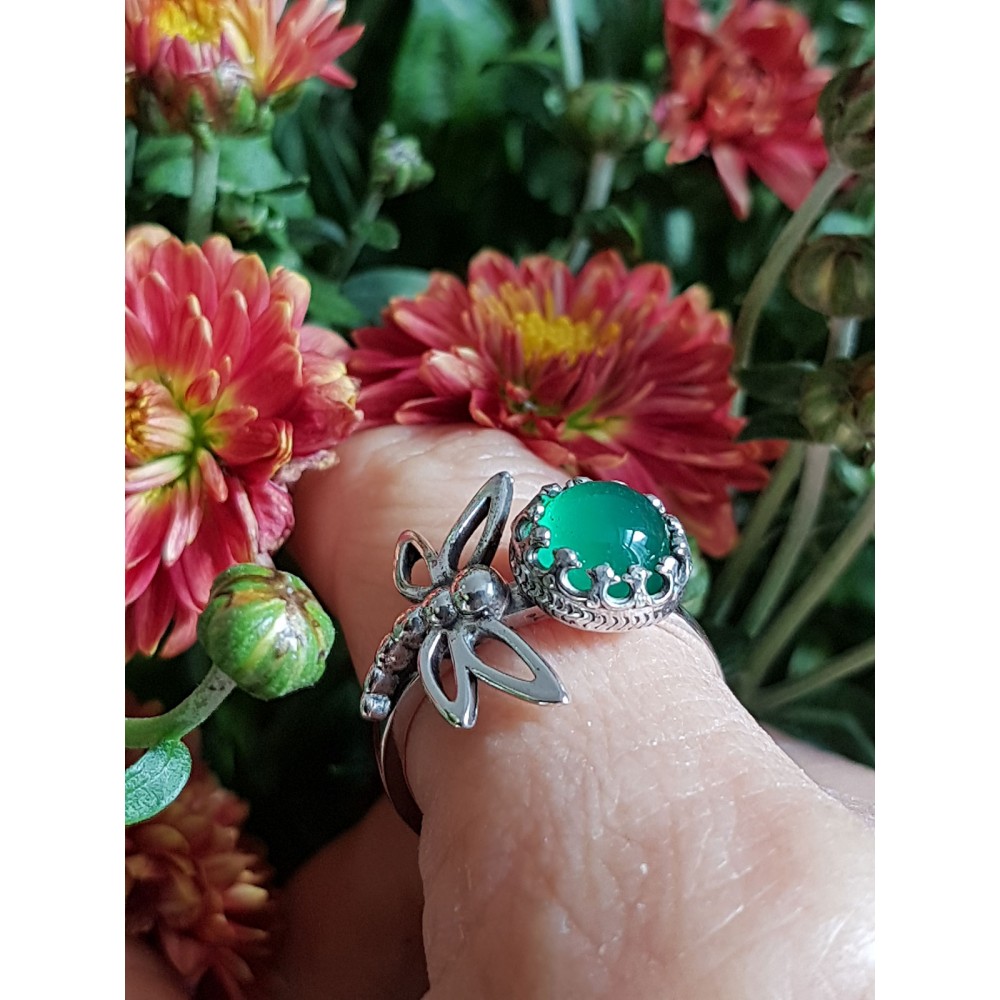 Sterling silver ring with natural agate stone Dragonflies feedonGreen