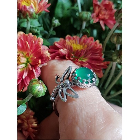Sterling silver ring with natural agate stone Dragonflies feedonGreen, Bijuterii de argint lucrate manual, handmade