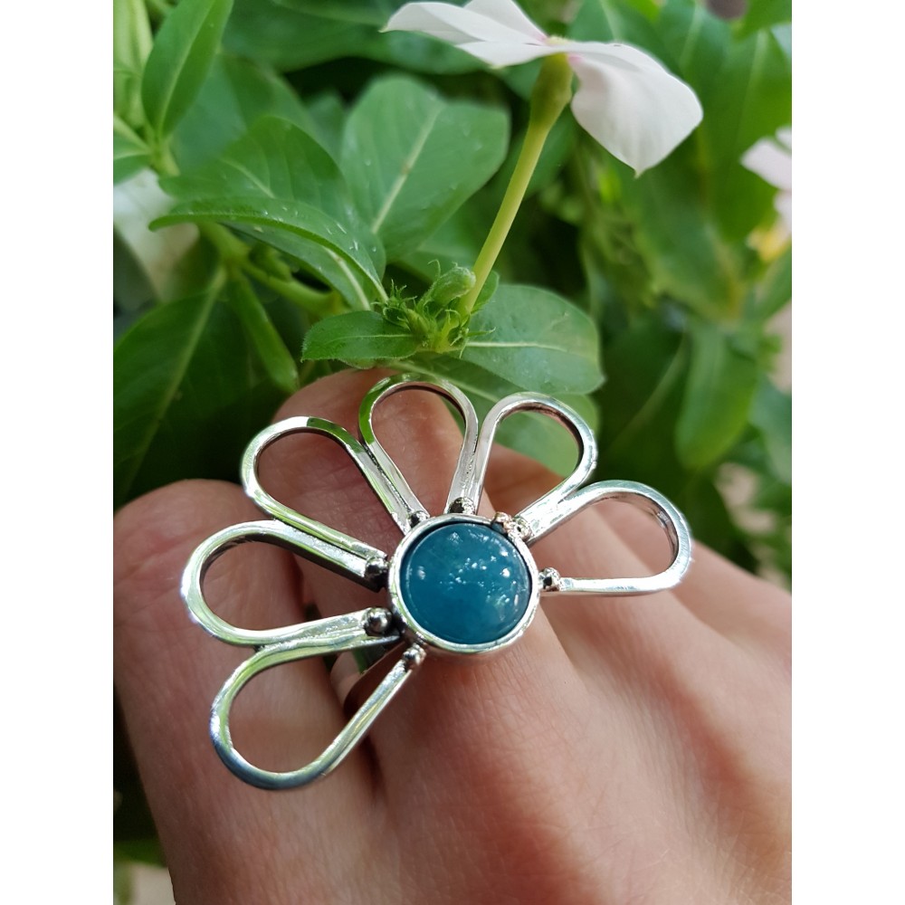 Sterling silver ring with natural aquamarine HalfmoonsandBlueflowers