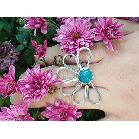Sterling silver ring with natural aquamarine HalfmoonsandBlueflowers, Bijuterii de argint lucrate manual, handmade