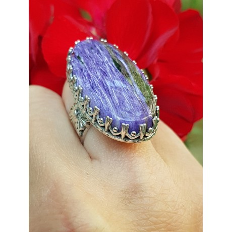 Sterling silver ring with natural charoite Rod of Rain and Lila, Bijuterii de argint lucrate manual, handmade