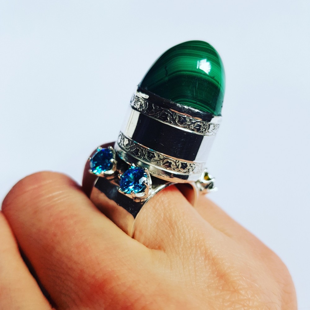 Sterling silver ring with natural malachite stone Time for Loving