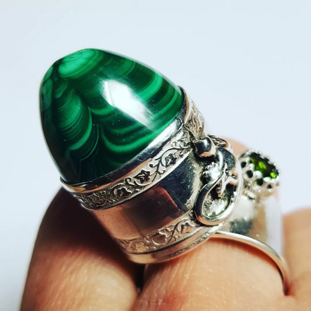 Sterling silver ring with natural malachite stone and green tourmaline Green Erection