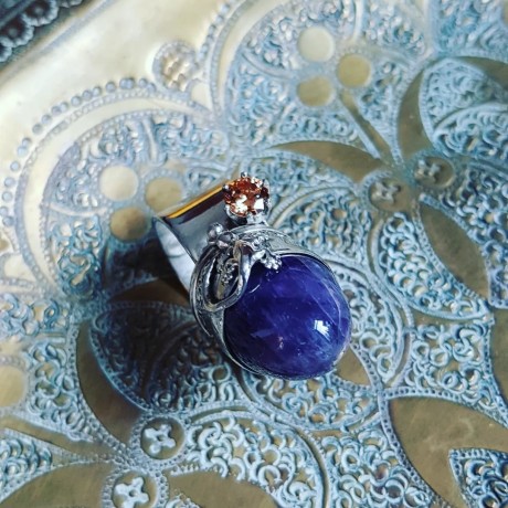 Sterling silver ring, citrine and natural amethyst Dragon 's Heart, Bijuterii de argint lucrate manual, handmade