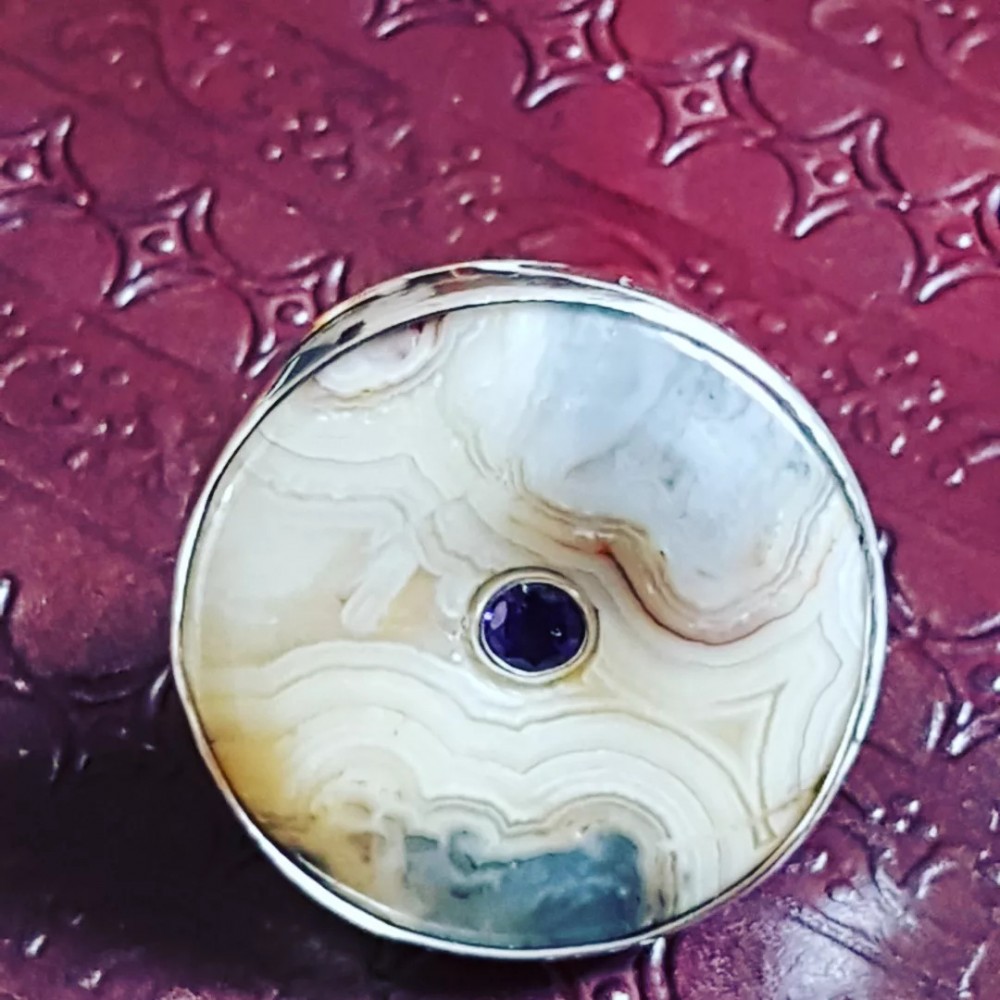 Sterling silver ring, agate and natural amethyst