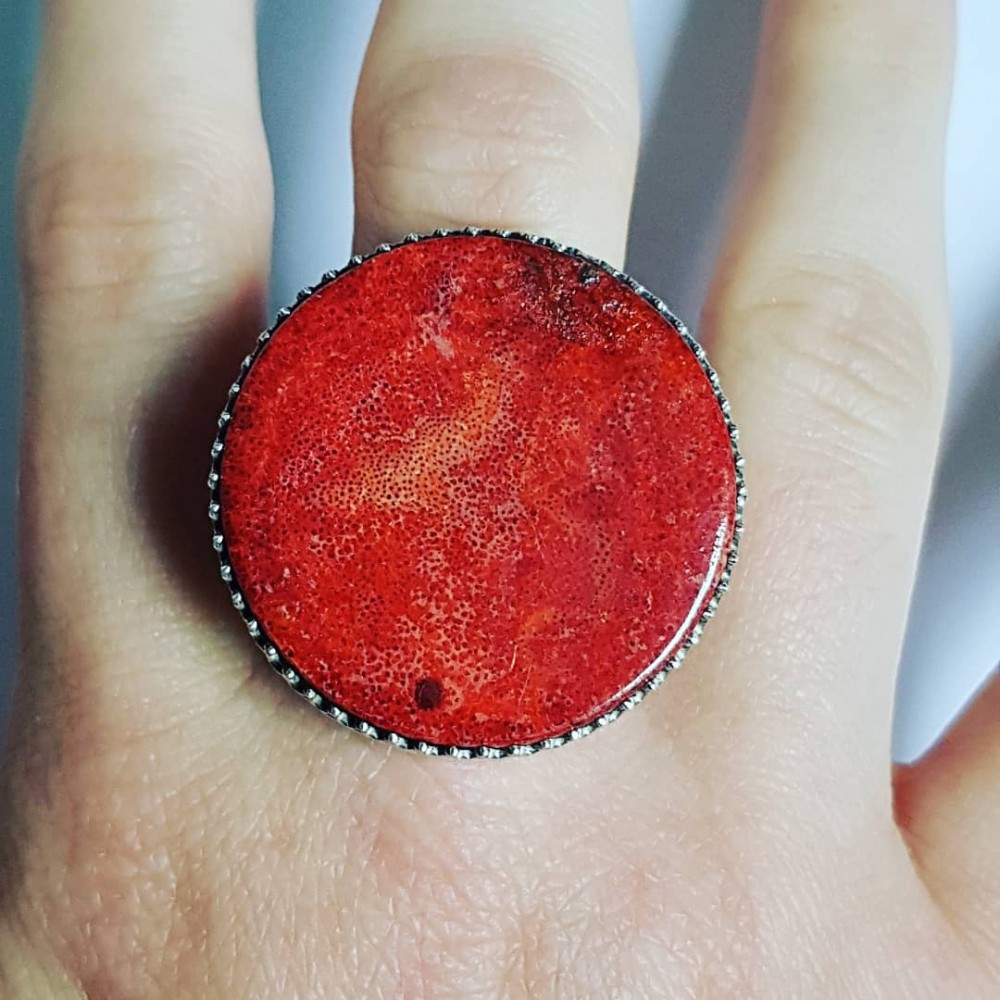 Sterling silver ring with natural coral and carnelian