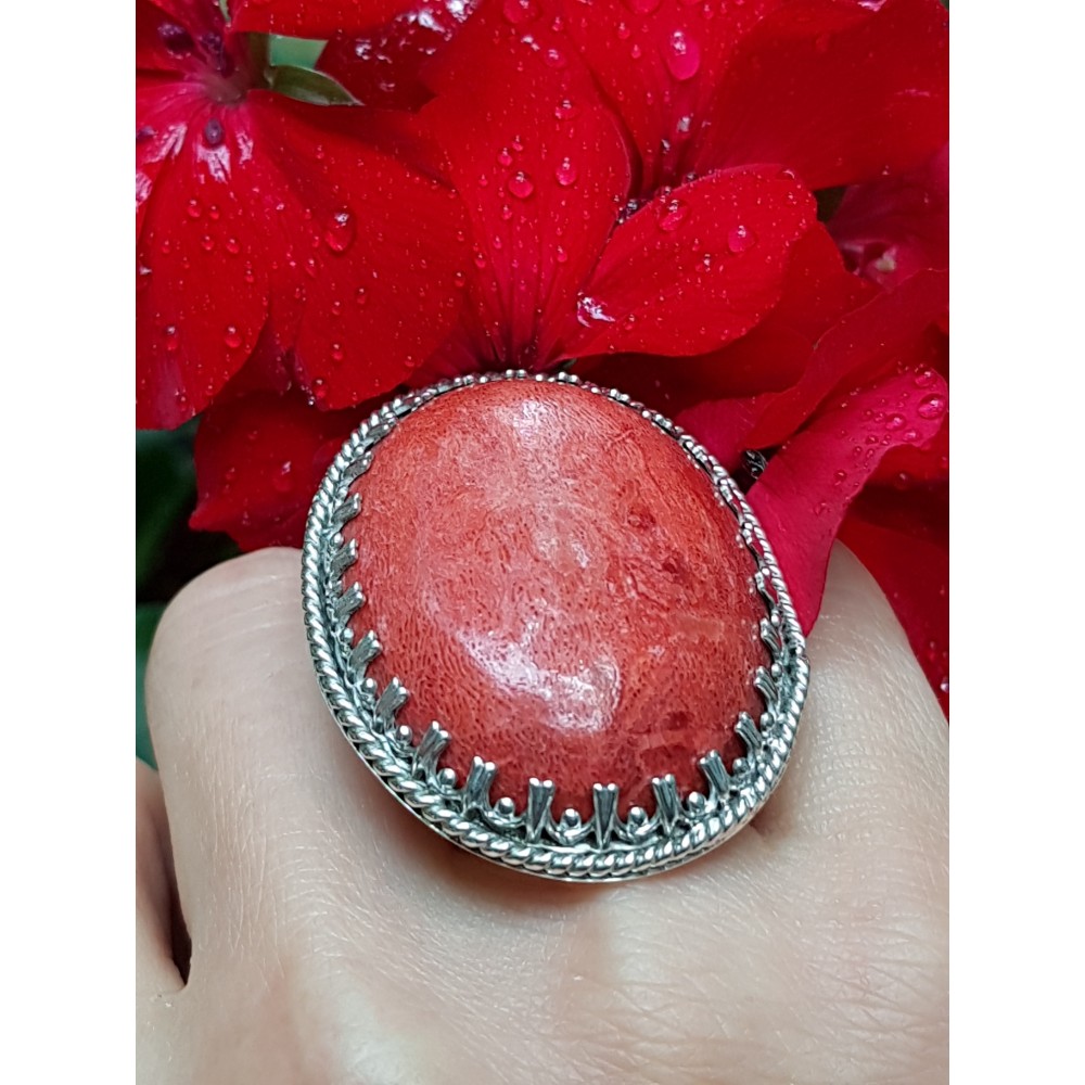 Sterling silver ring with natural coral stone RedCall
