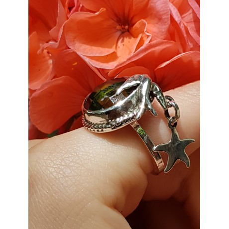 Sterling silver ring and crystal GreenBirdie carrying star, Bijuterii de argint lucrate manual, handmade