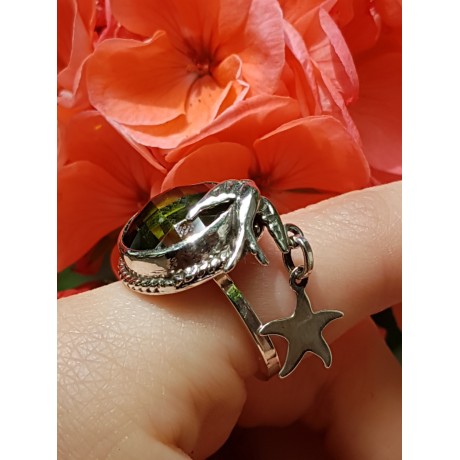 Sterling silver ring and crystal GreenBirdie carrying star, Bijuterii de argint lucrate manual, handmade