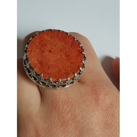 Sterling Silver ring and natural coral stone PutitontheRed, Bijuterii de argint lucrate manual, handmade