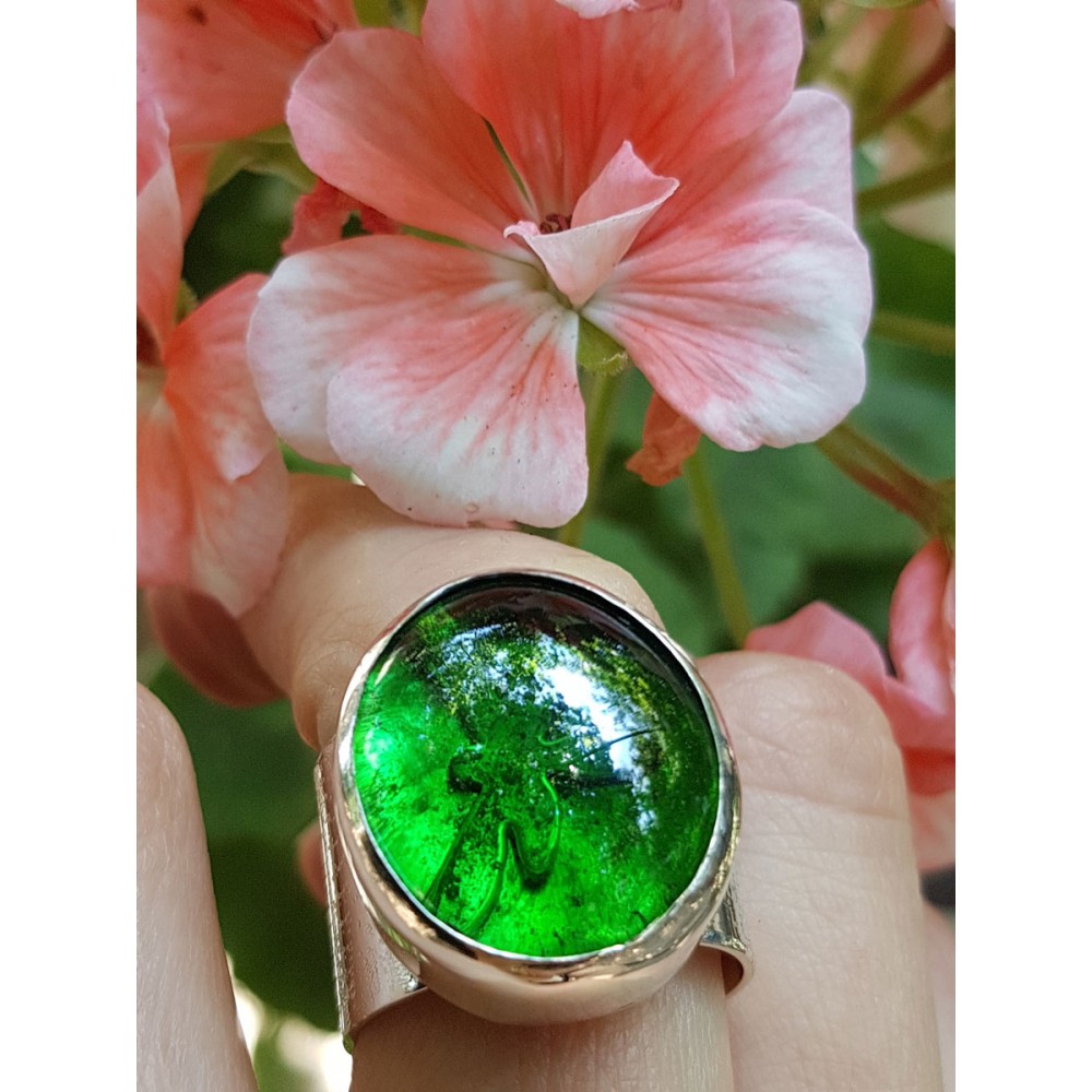 Sterling silver ring and green glass