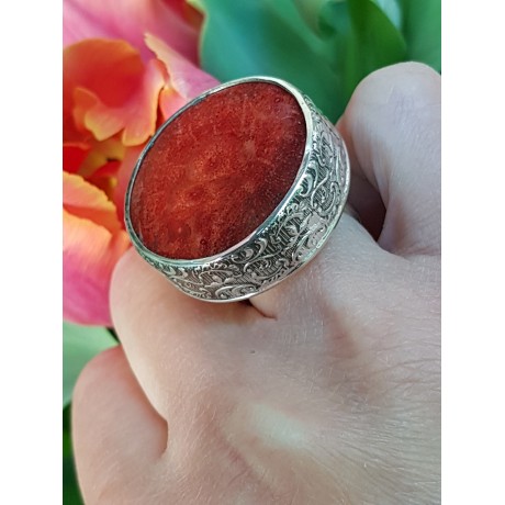 Sterling silver ring with natural coral ReachoutforRed, Bijuterii de argint lucrate manual, handmade