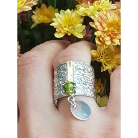 Sterling silver, 14kgold and peridote ring Green Honey, Bijuterii de argint lucrate manual, handmade