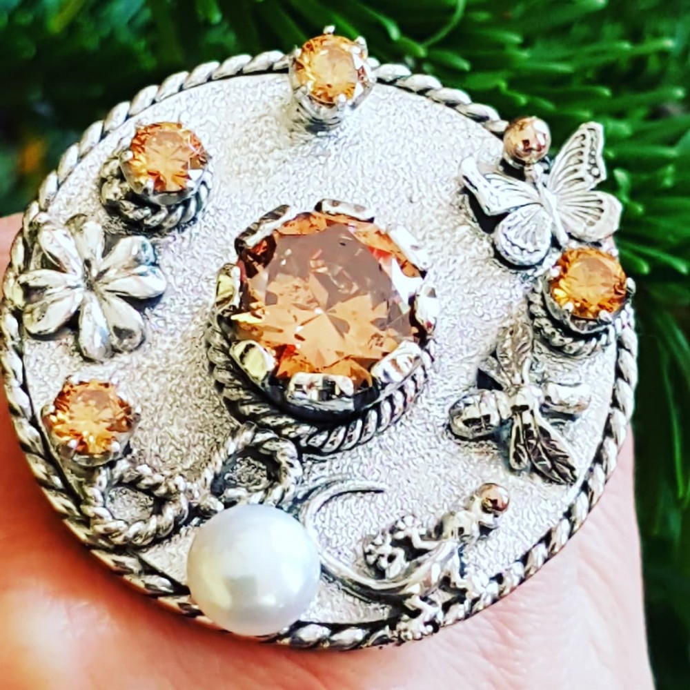 Unique Large Sterling silver ring , citrines, gold and pearl Galaxies embodied