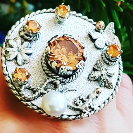 Unique Large Sterling silver ring , citrines, gold and pearl Galaxies embodied, Bijuterii de argint lucrate manual, handmade