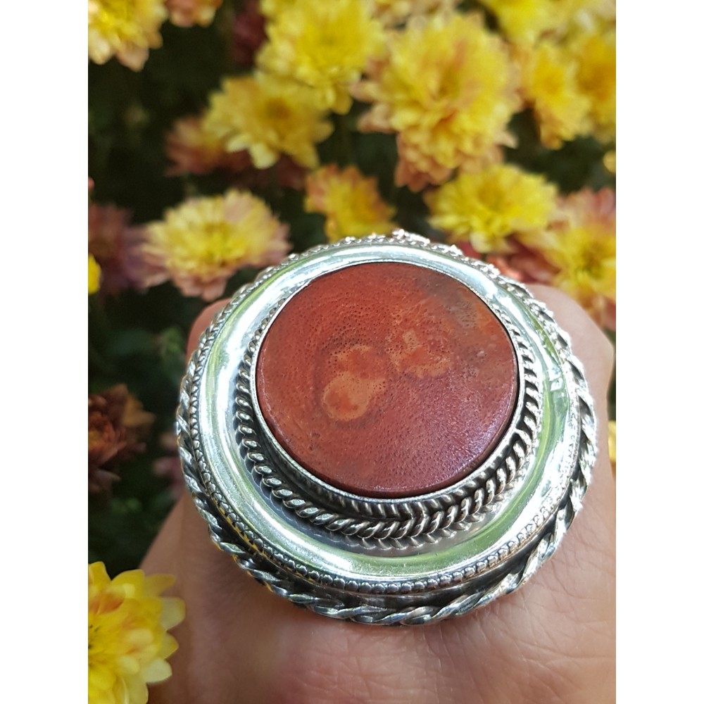 Sterling silver ring with natural coral stone RedSpin