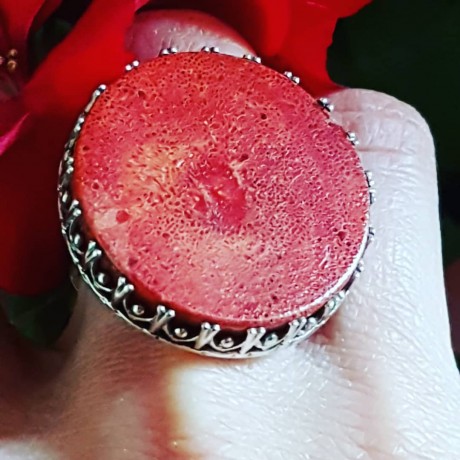 Sterling silver ring with natural coral stone Replete with Red, Bijuterii de argint lucrate manual, handmade