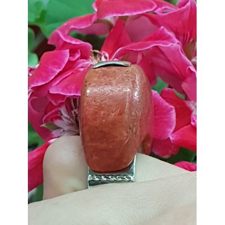 Sterling silver ring with natural coral stone ArchRed, Bijuterii de argint lucrate manual, handmade