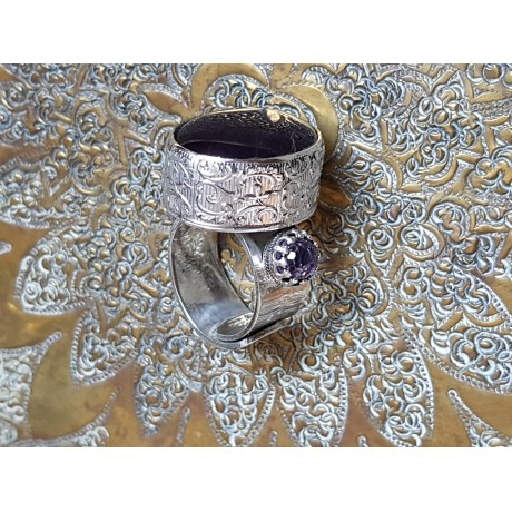 Sterling silver ring with natural amethyst and crystals, Bijuterii de argint lucrate manual, handmade