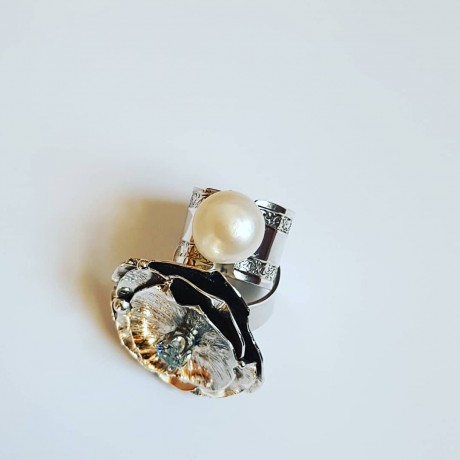 Sterling silver engagement ring with pearl WhiteandDice, Bijuterii de argint lucrate manual, handmade