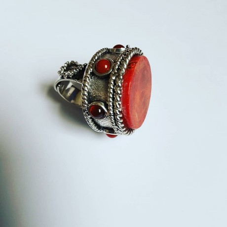 Large and Massive Sterling silver ring and carnelian and coral Core(for)Red, Bijuterii de argint lucrate manual, handmade