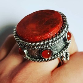 Large and Massive Sterling silver ring and carnelian and coral Core(for)Red