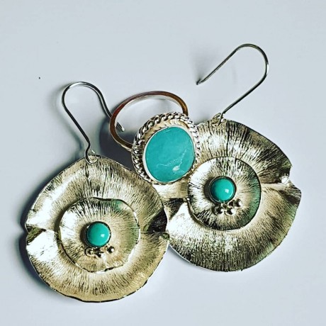 Large Sterling Silver earrings & natural Turqoise Flower Spirit, Bijuterii de argint lucrate manual, handmade