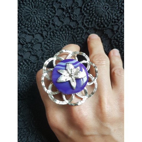 Sterling silver ring with round purple agath stone, Bijuterii de argint lucrate manual, handmade