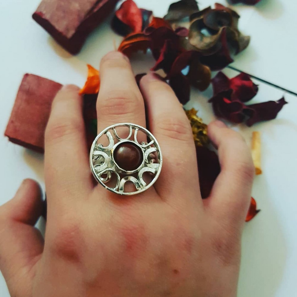 Sterling silver ring with natural jade  Sun Wheel