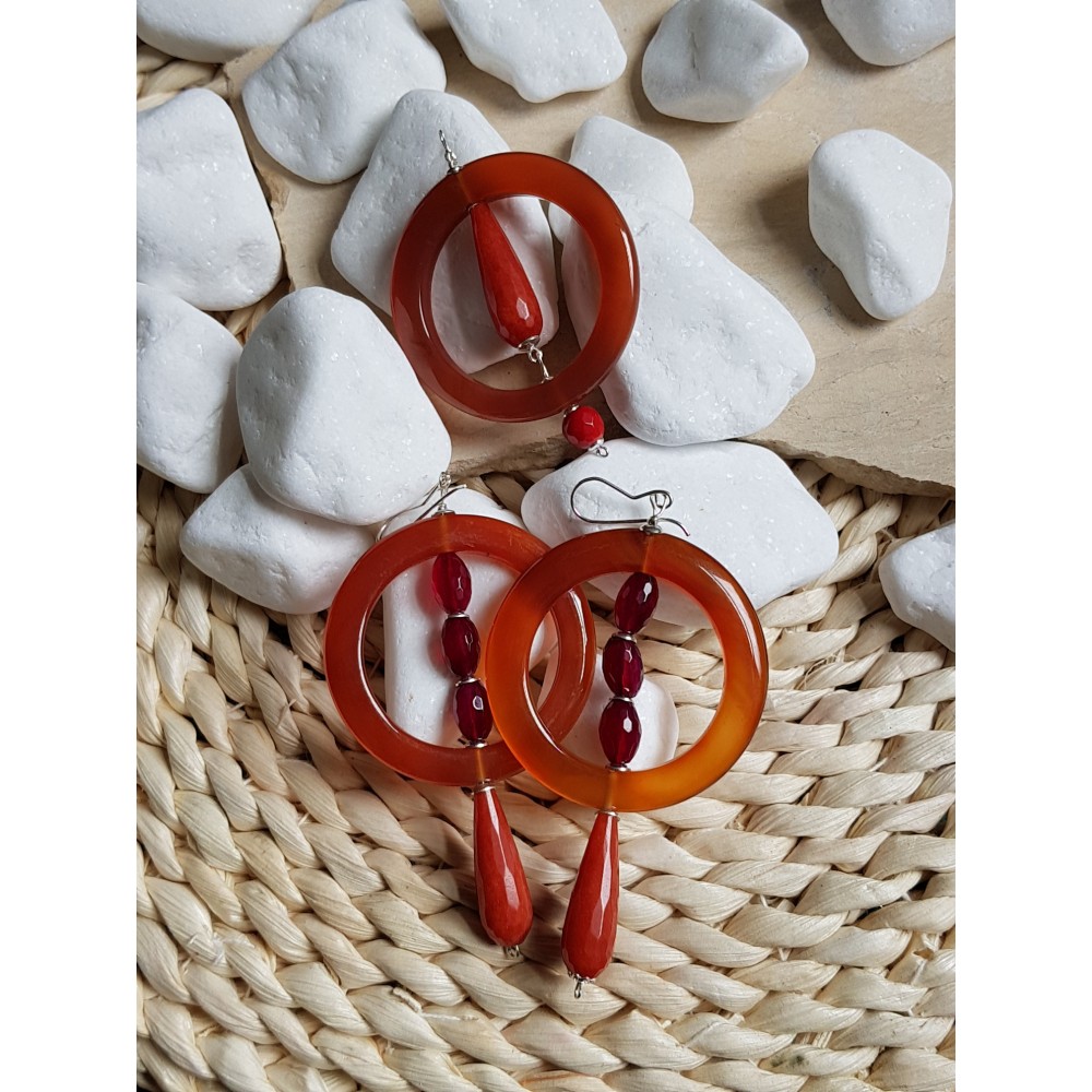 Sterling silver earrings &pendant with natural red agate stones