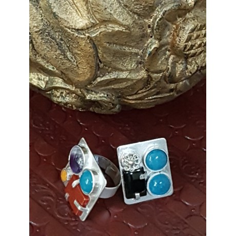 Sterling silver ring with natural aquamarine, jade, amethyst and garnet, Bijuterii de argint lucrate manual, handmade