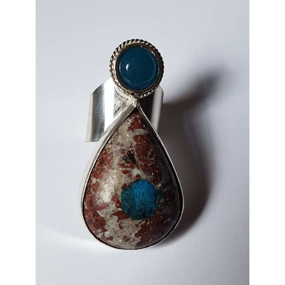 Sterling silver ring with natural Cavansite and aquamarine Globularities