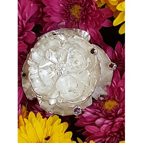 Large Sterling Silver ring with natural amethyst &garnet stones, Blossom Madness, Bijuterii de argint lucrate manual, handmade