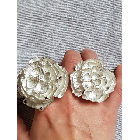 Large Sterling Silver ring with natural amethyst &garnet stones, Blossom Madness, Bijuterii de argint lucrate manual, handmade