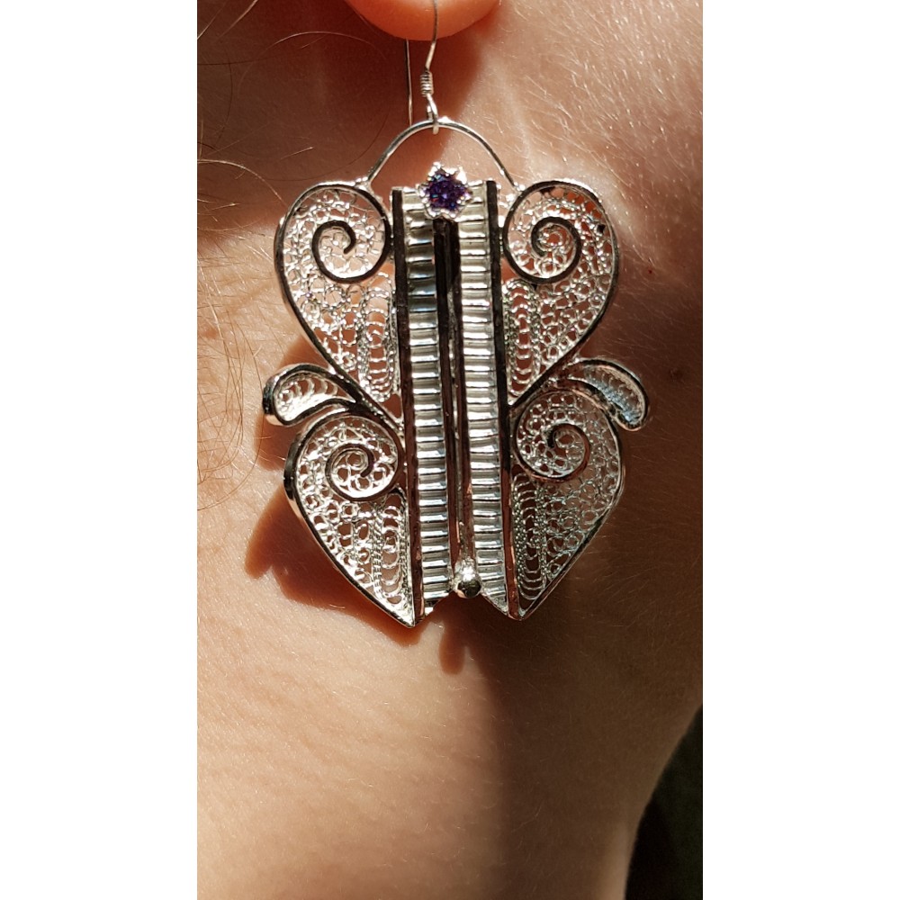 Silver earrings and pure silver filigree and amethyst Loveology
